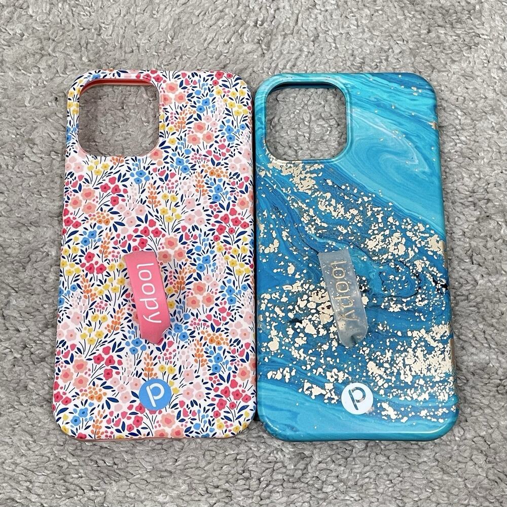 Lot of 2 iPhone 12 Original 6.1 Loopy Cases Floral & Metallic Gold Blue Swirl